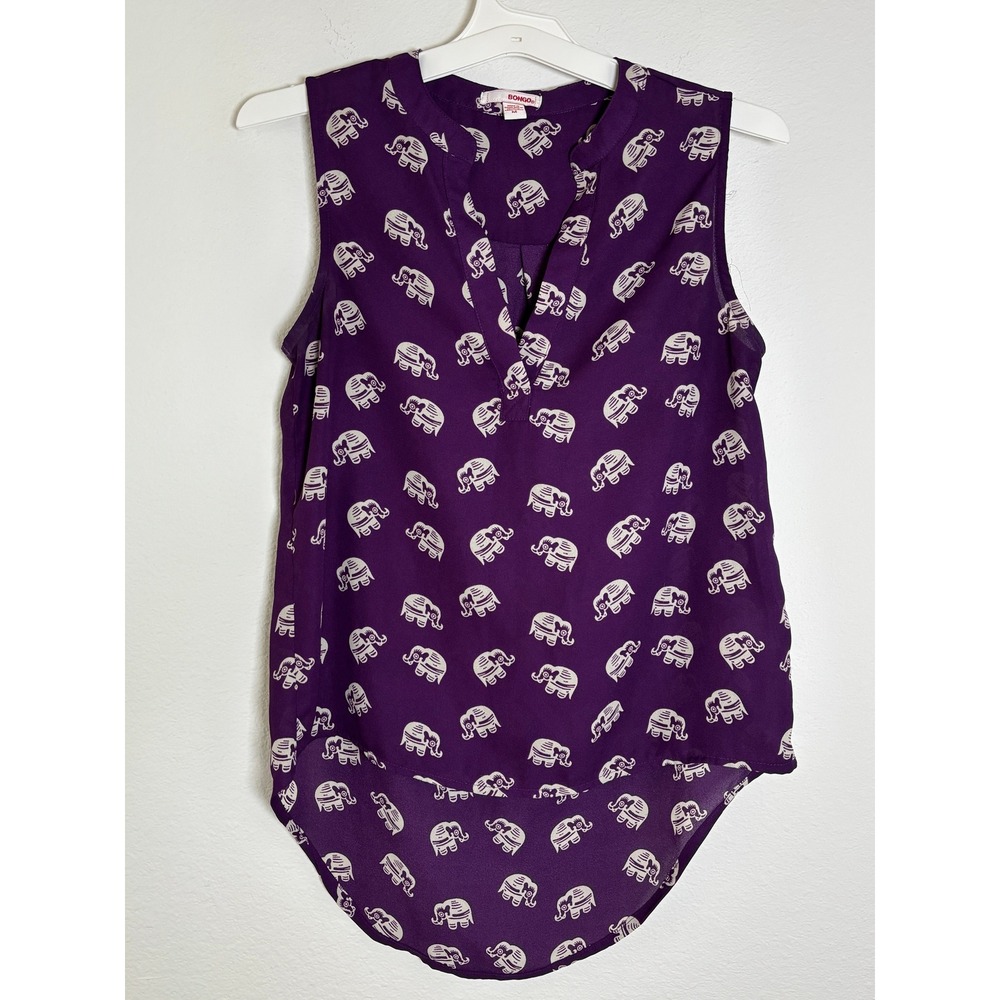 Bongo Purple Elephant Print Sleeveless Blouse Split V-Neck‎ High-Low Top Medium
